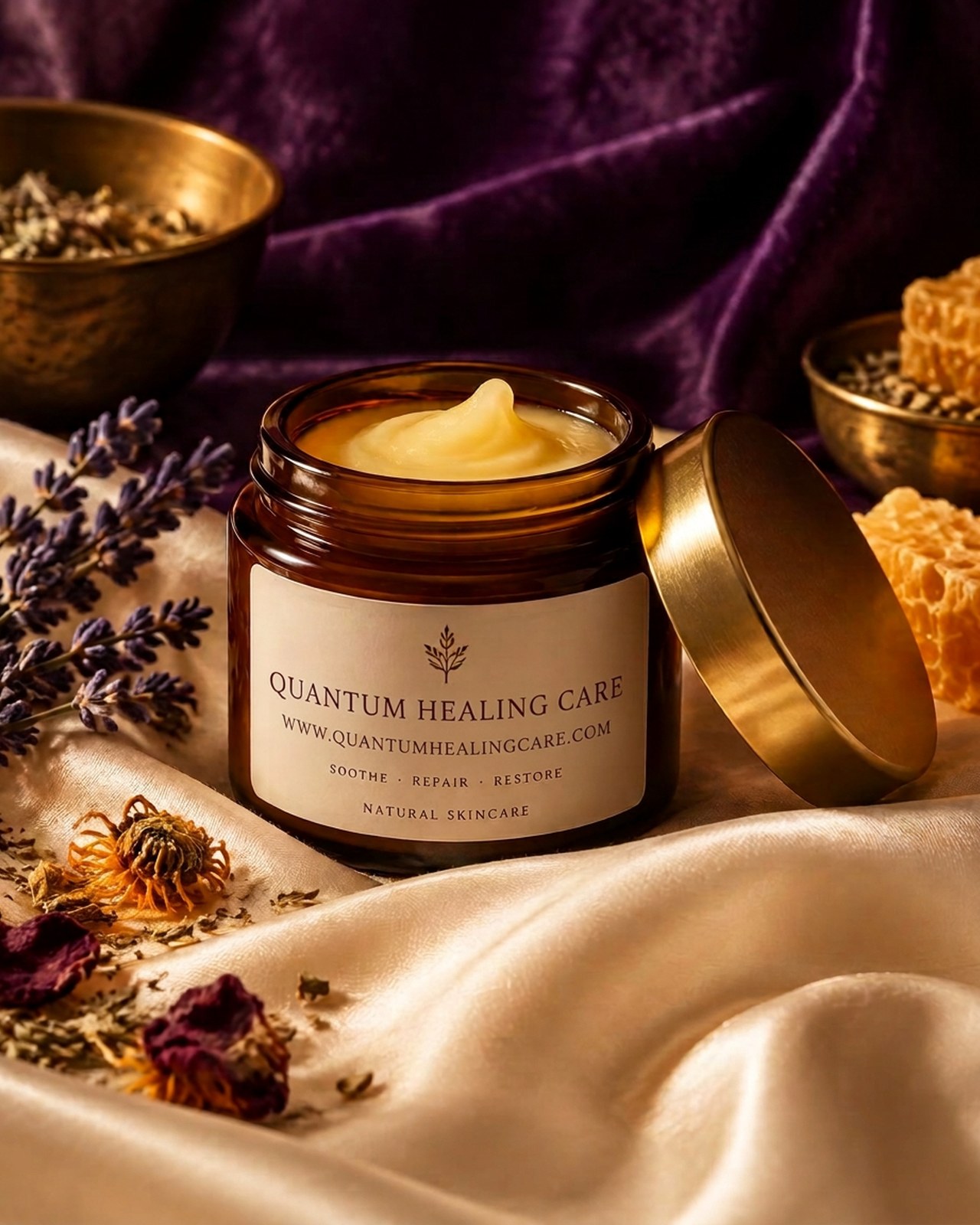 Open jar of Quantum Healing Care natural handmade balm on cream silk against deep purple velvet